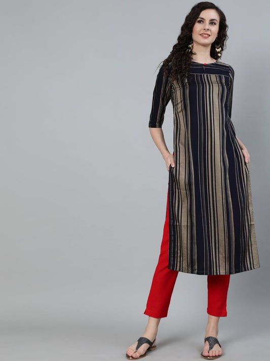 Navy Blue Striped Straight Kurti