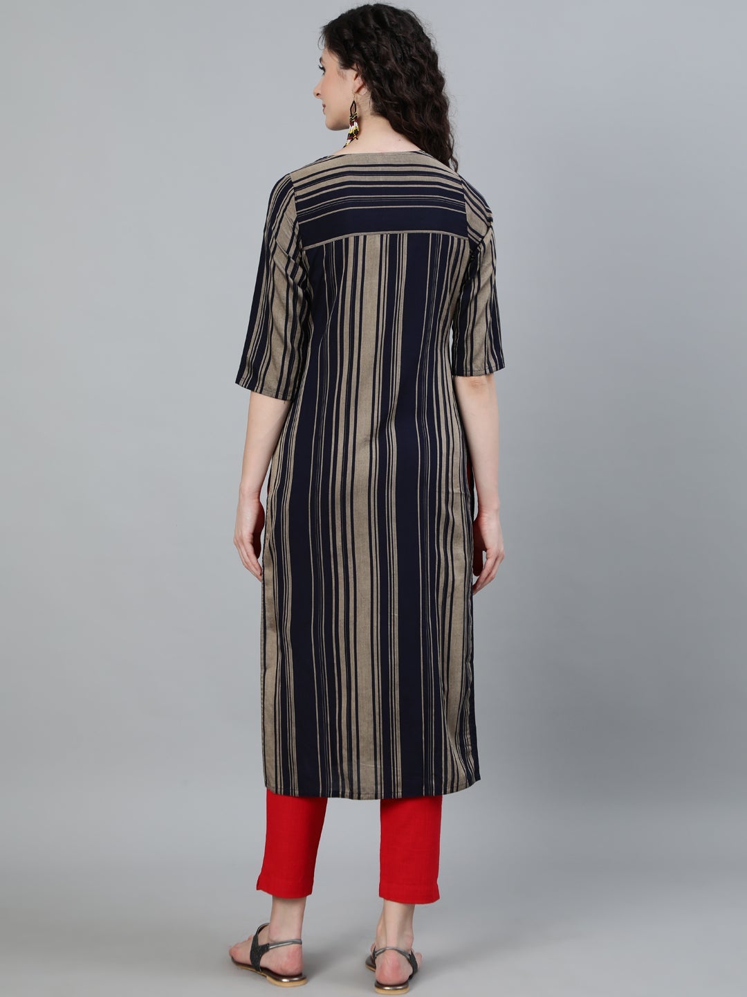 Navy Blue Striped Straight Kurti