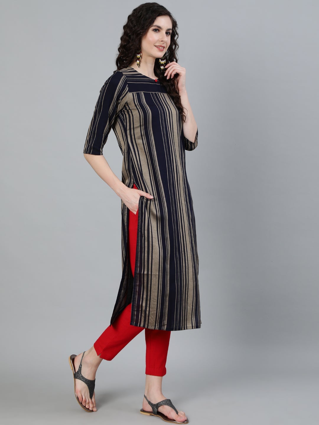 Navy Blue Striped Straight Kurti