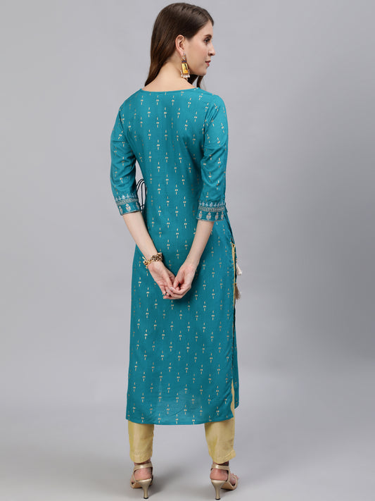 Teal Embroidered Gold Print Rayon Kurti