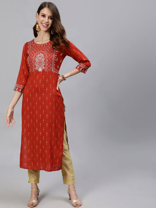 Rust Embroidered Gold Print Rayon Kurti