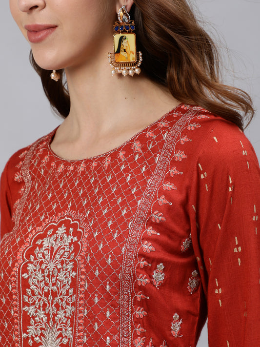 Rust Embroidered Gold Print Rayon Kurti