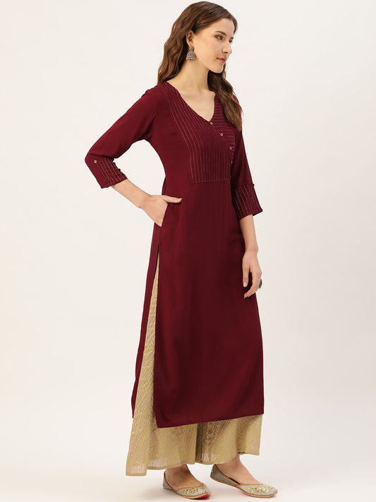 Maroon Pintuck Solid Rayon Kurti