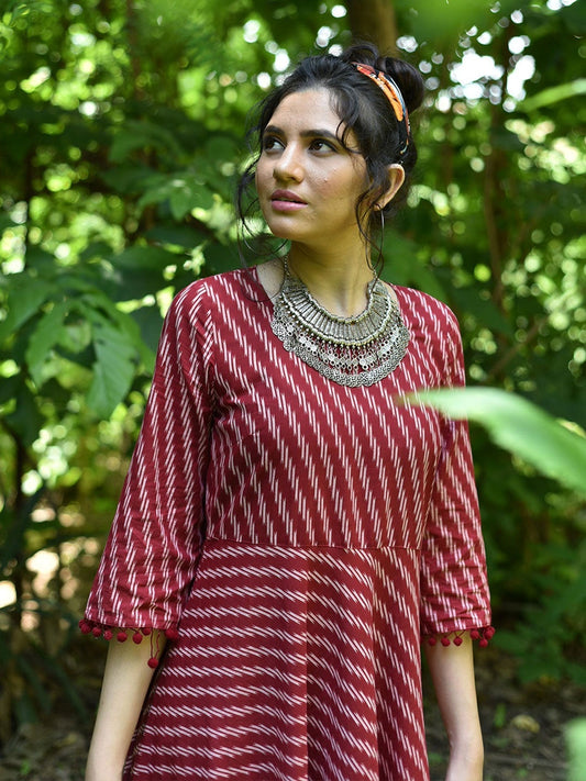 Maroon Striped A-Line Kurti