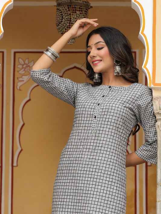 Grey Checked Straight Kurti