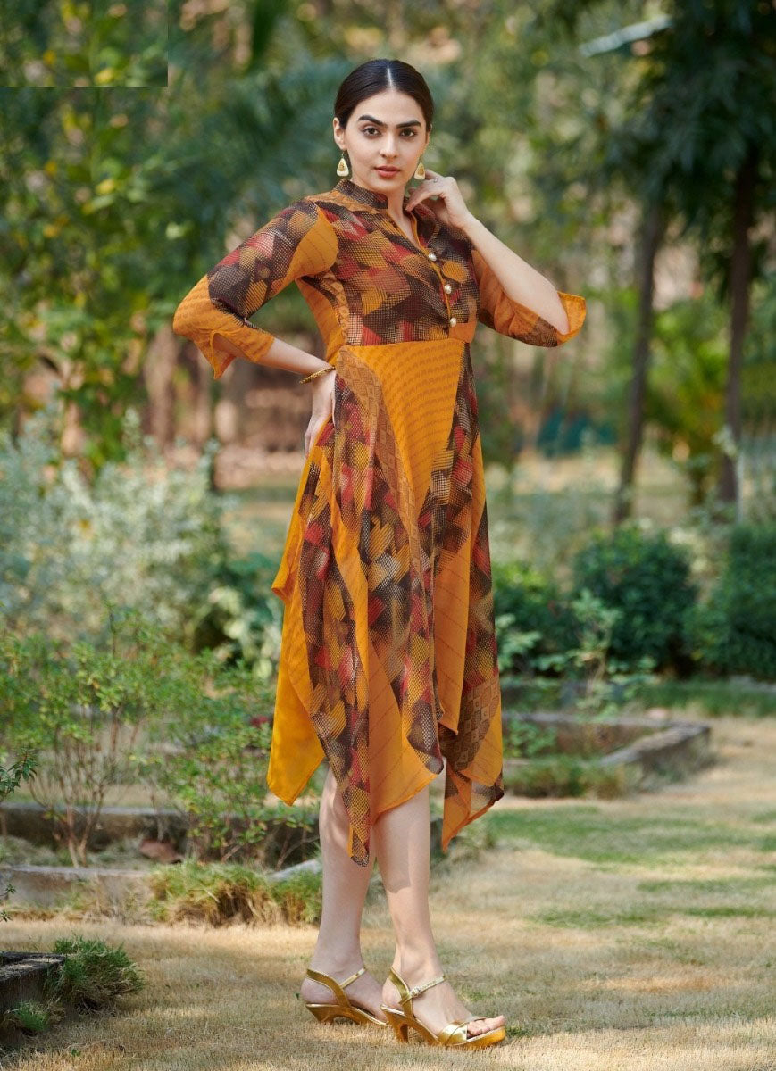 Yellowish-Orange Brown Handkerchief Style Georgette Kurti