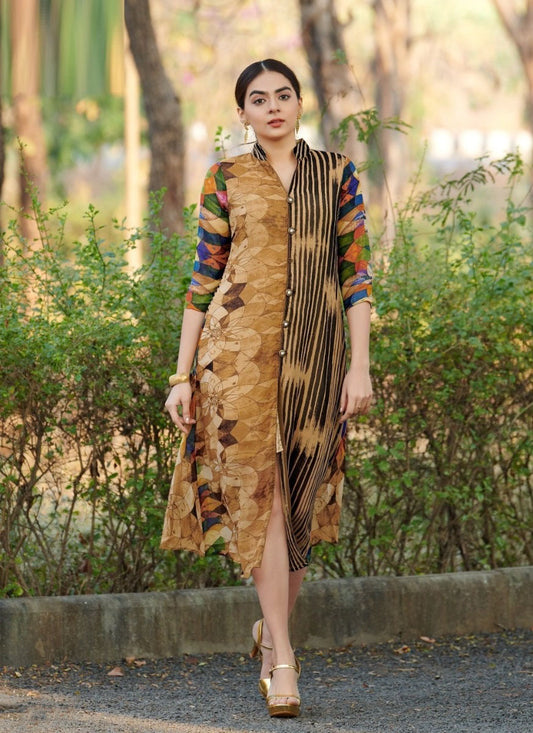 Brown band collar neck Georgette Kurti