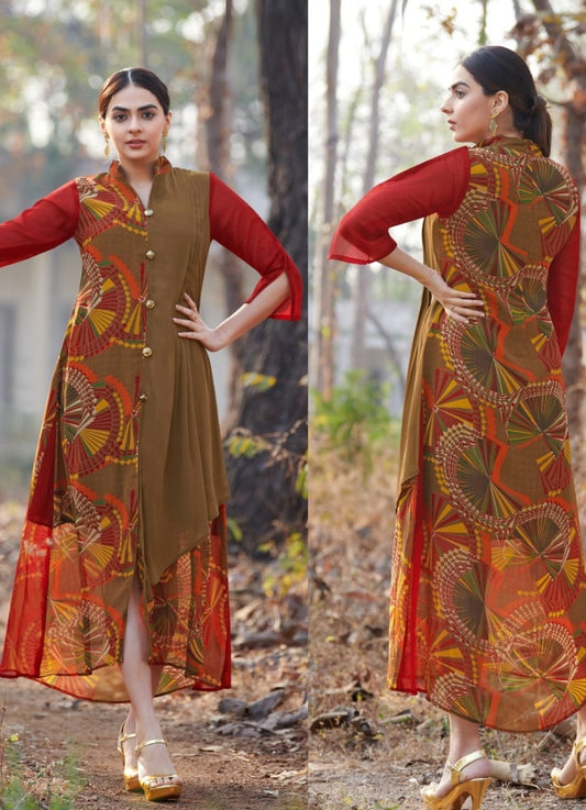 Multi Color band collar neck Georgette Kurti