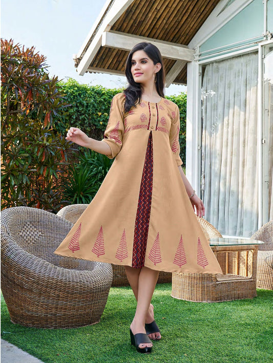 Beige and Burgundy Block Print Kurti