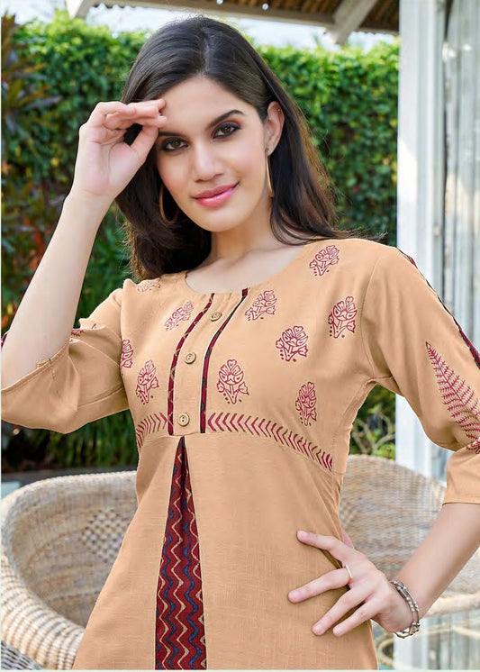 Beige and Burgundy Block Print Kurti