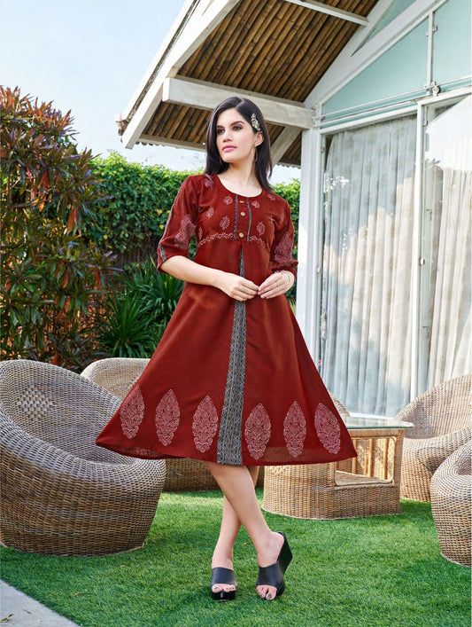 Burgundy and Grey Block Print Kurti