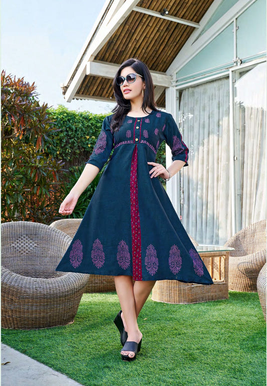 Blue and Burgundy Block Print Kurti