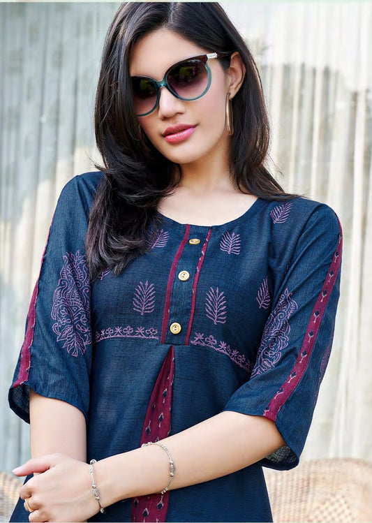 Blue and Burgundy Block Print Kurti