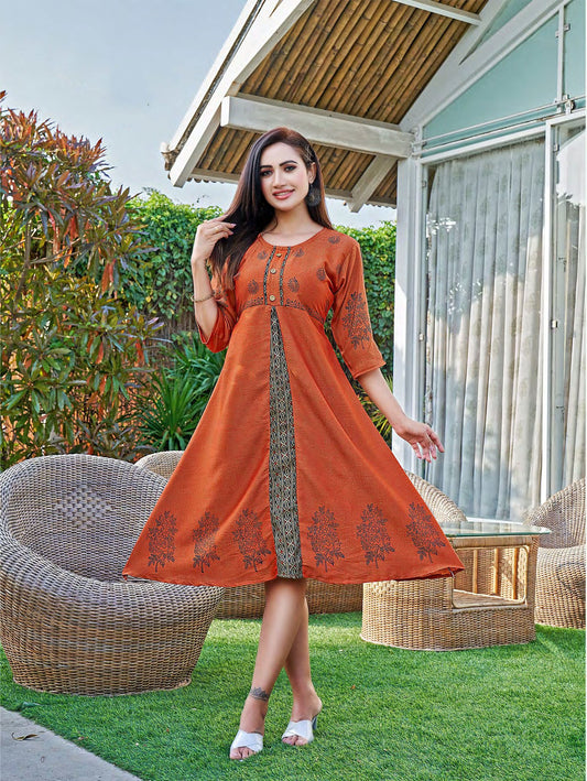 Brick red and Black Block Print Kurti