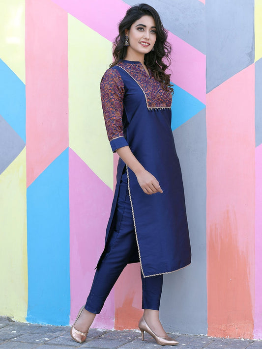 Navy Blue Silk Kurti with Pant