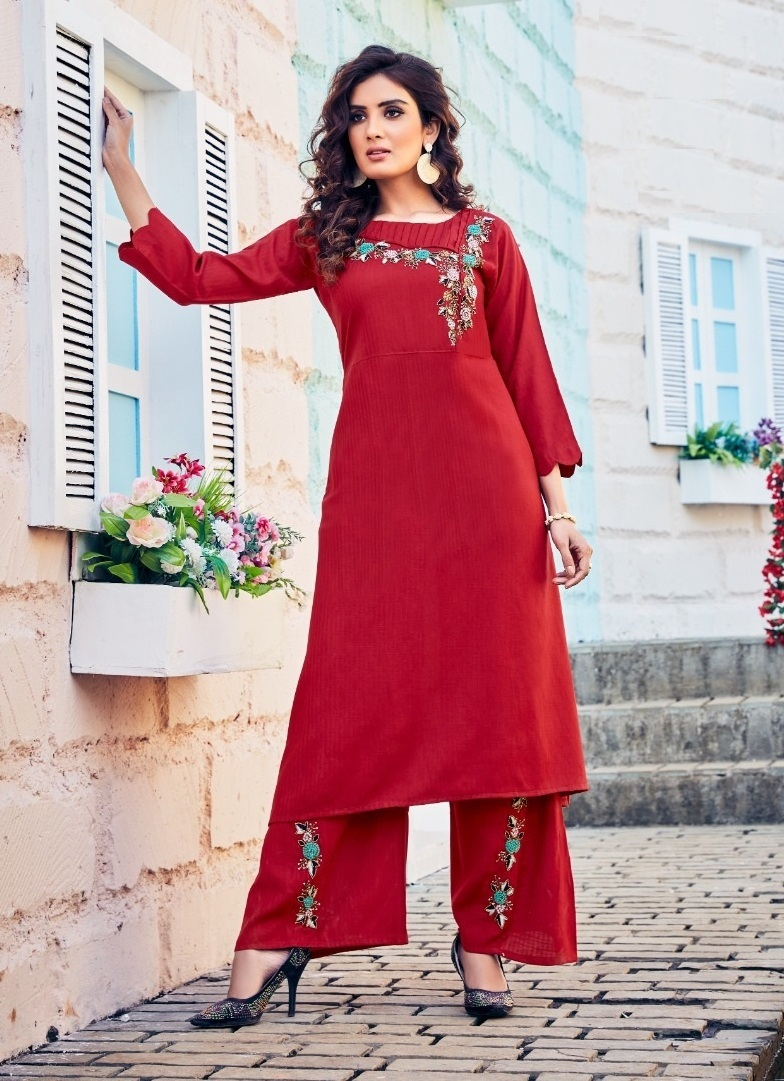 Red Stylish Viscose Kurta with Palazzo – Thogai Threads