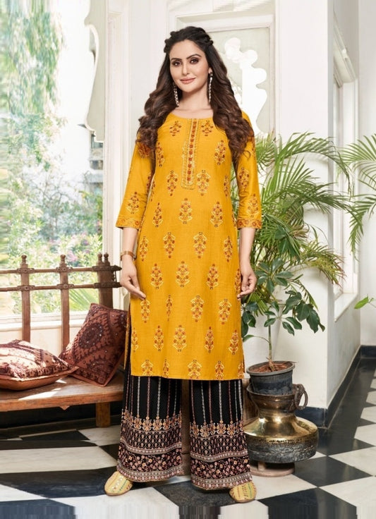 Yellow Black Foil Print Rayon Kurti with Palazzo