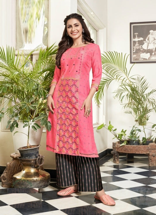 Pink and Grey Foil Print Rayon Kurti with Palazzo