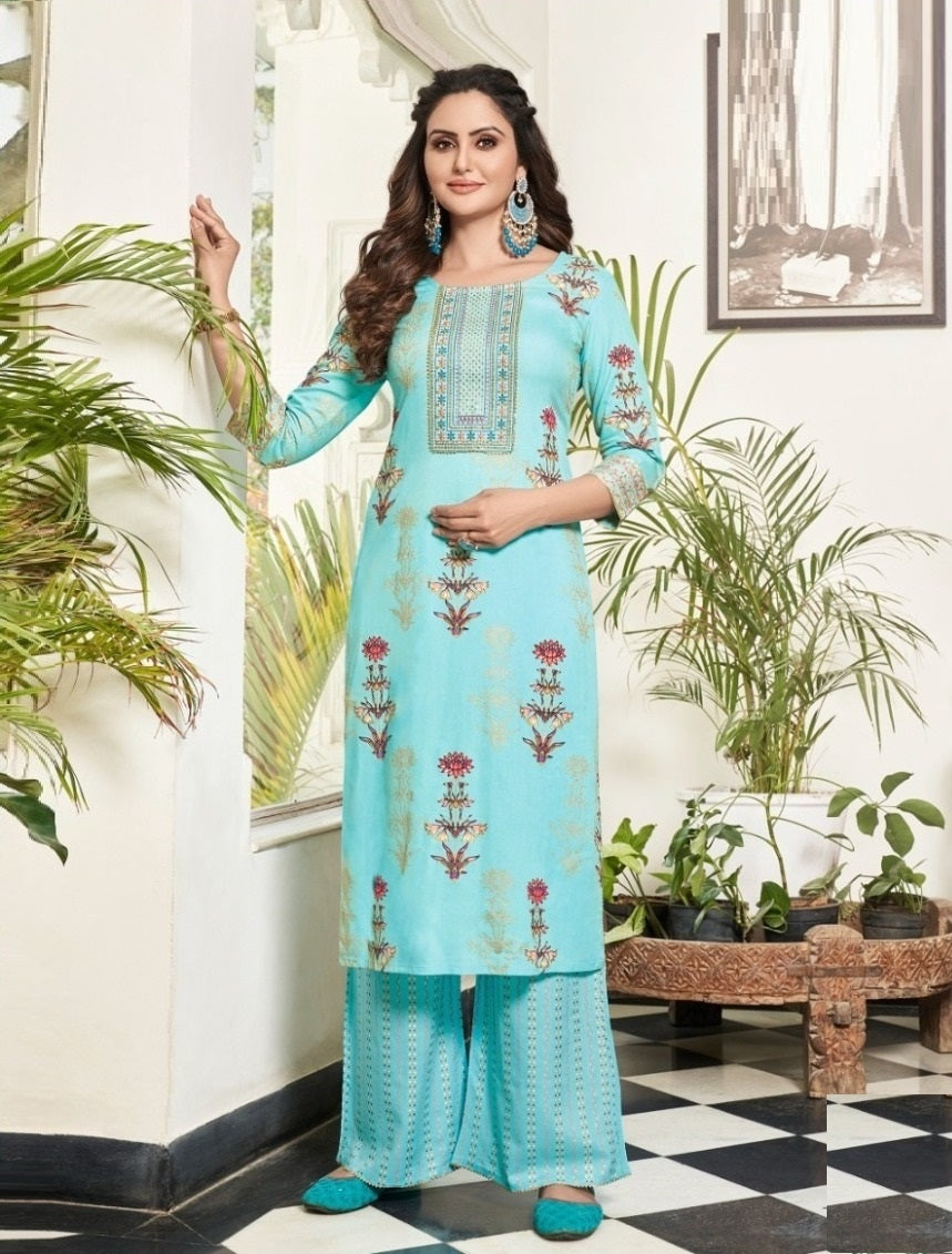 Blue Kurti Plazo Thread Work main image 0