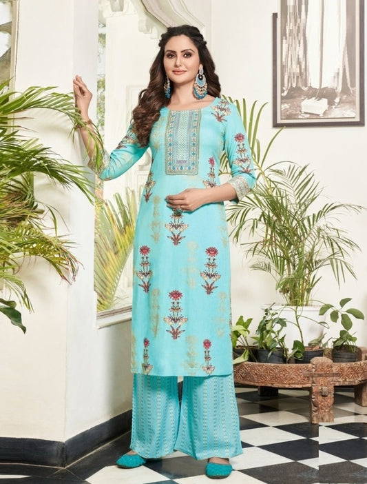 Light Blue Foil Print Rayon Kurti with Palazzo