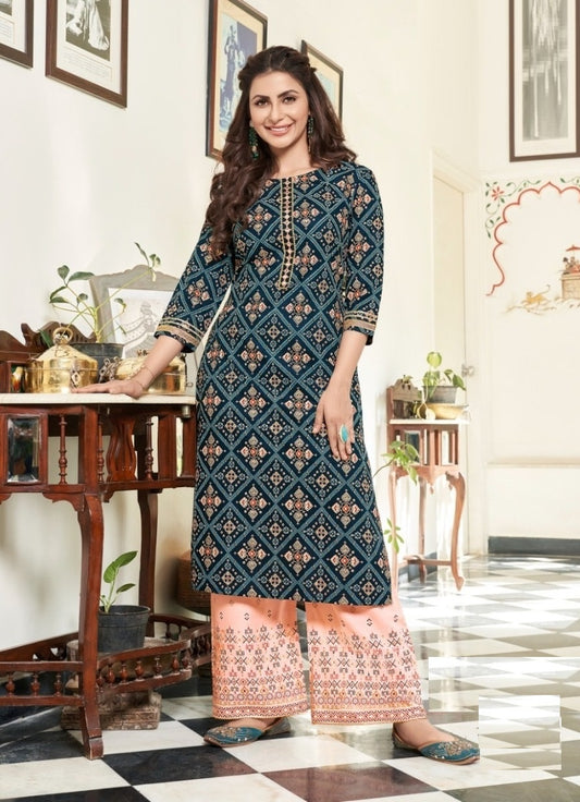 Navy Blue Pink Foil Print Rayon Kurti with Palazzo