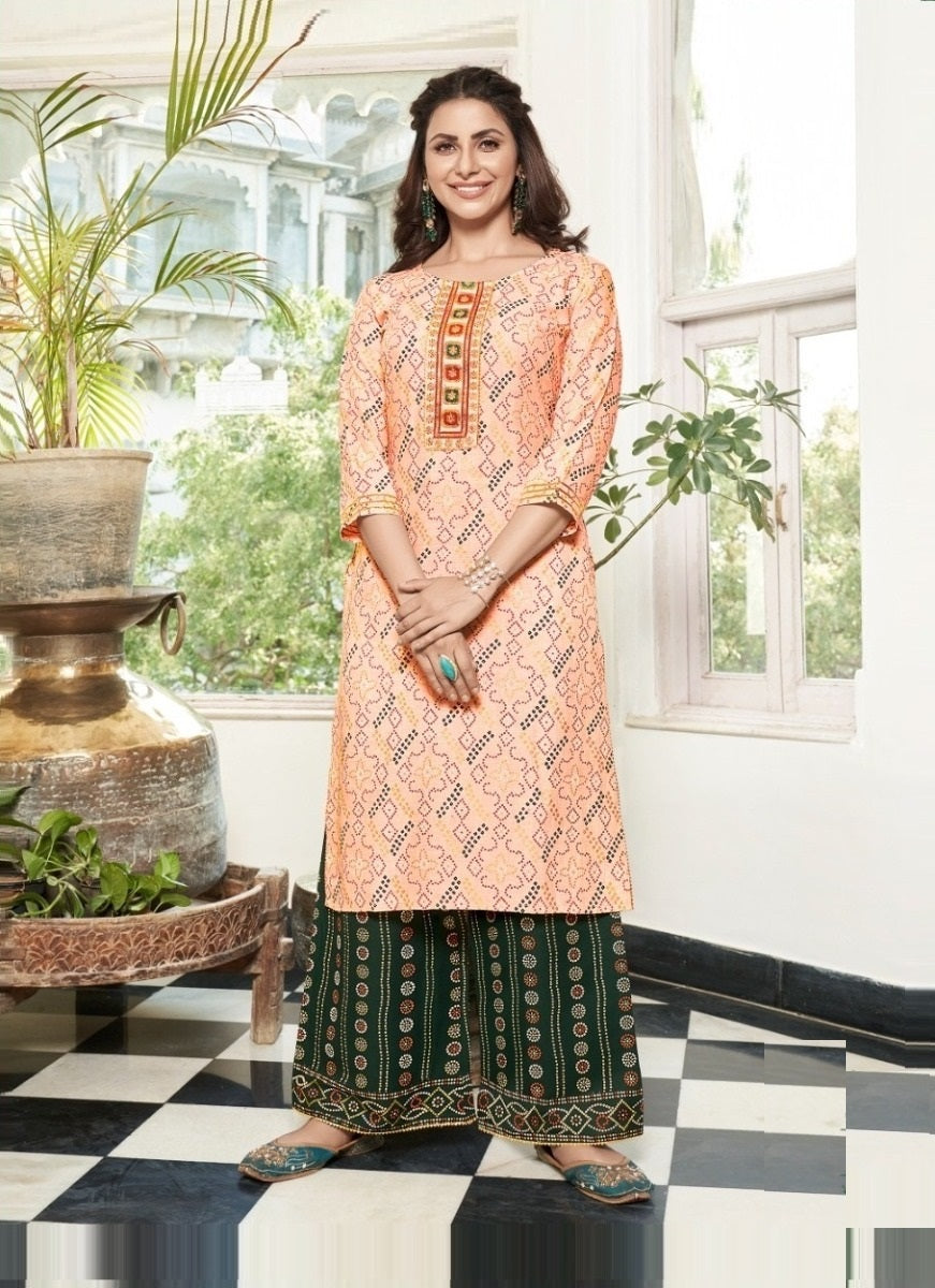 Peach and Dark Green Foil Print Rayon Kurti with Palazzo