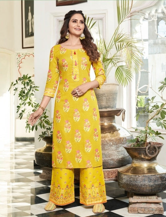 Yellow Foil Print Rayon Kurti with Palazzo