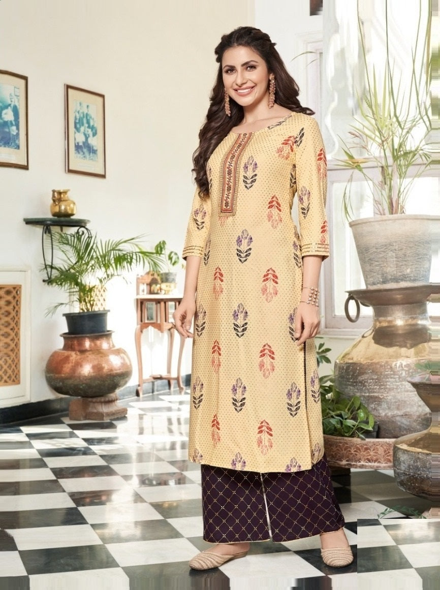 Beige and Purple Foil Print Rayon Kurti with Palazzo