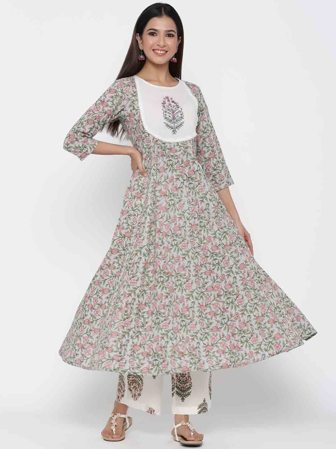 Grey and White Cotton Kurti with Palazzo – Thogai Threads