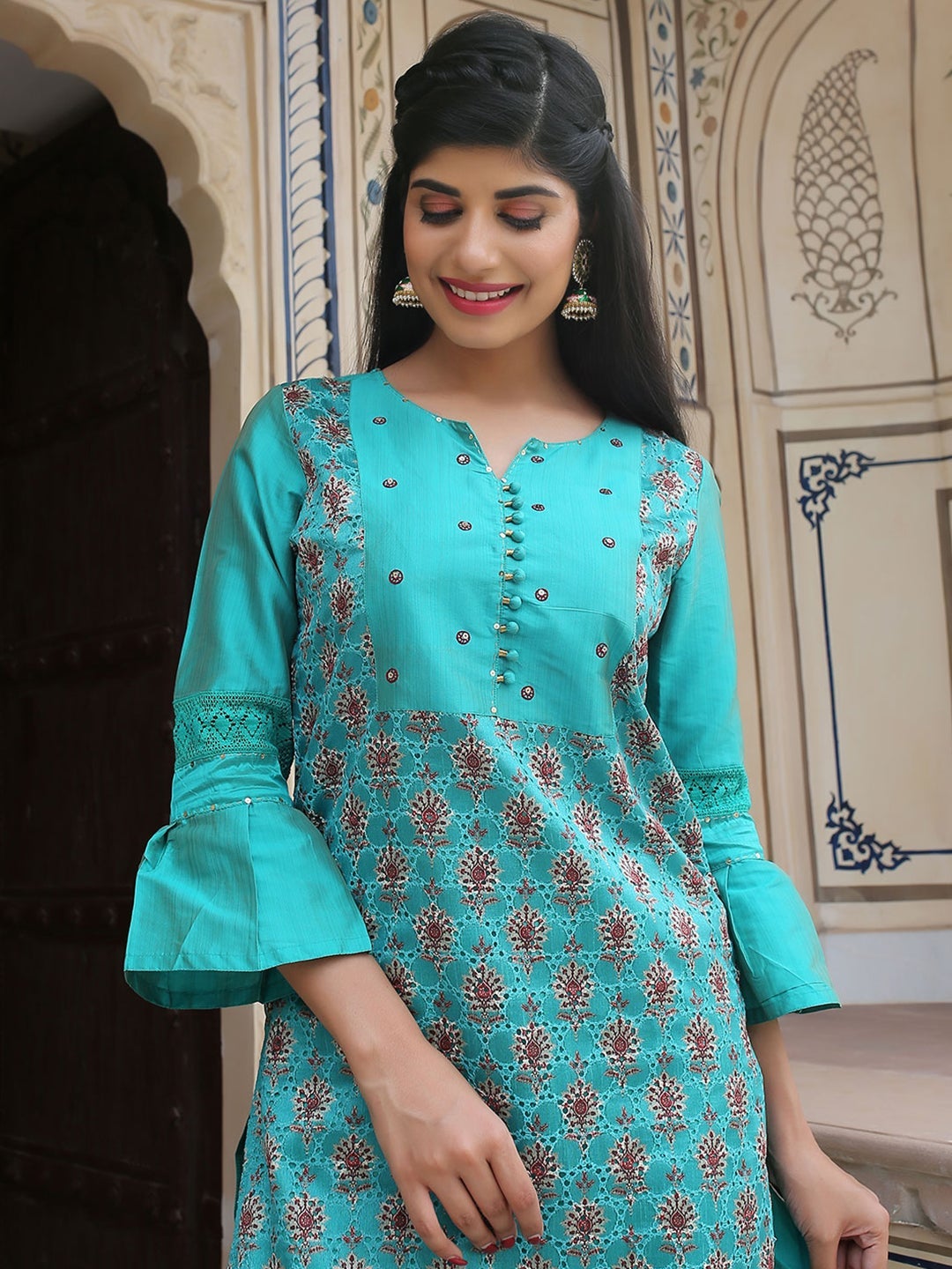 Teal Green Chanderi Silk Kurti with Pant