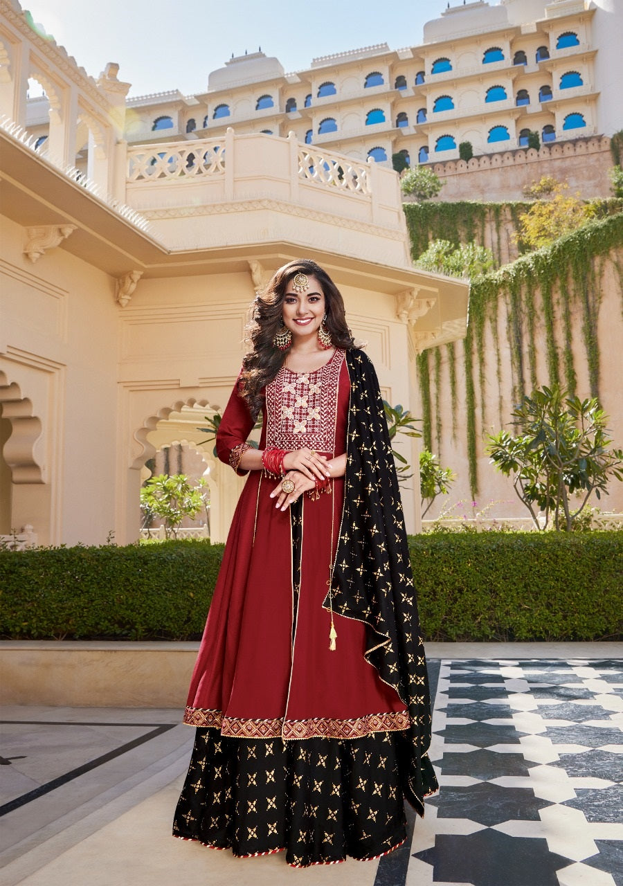 Burgundy and Black Layered Kurti with Dupatta