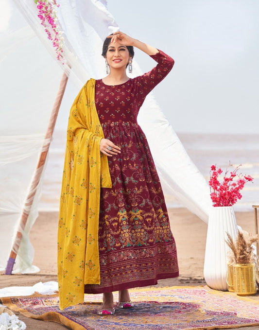 Burgundy Yellow Kurti with Dupatta