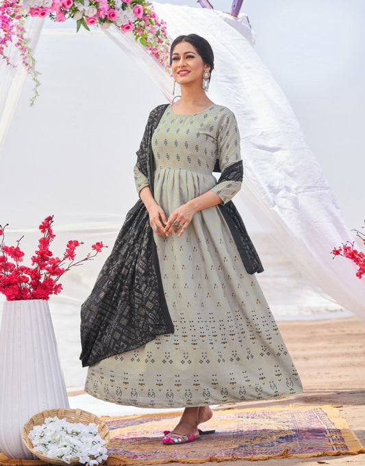 Grey Black Kurti with Dupatta