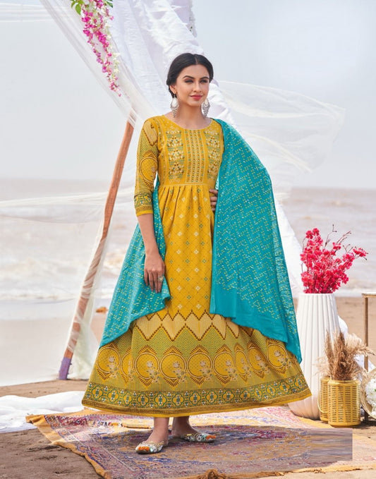 Yellow Blue Kurti with Dupatta