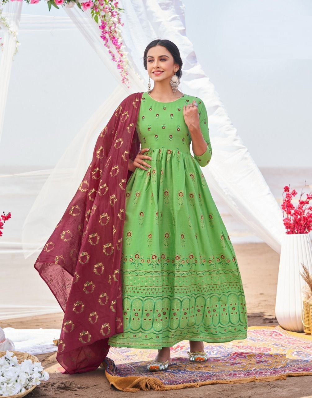 Light Green Burgundy Kurti with Dupatta