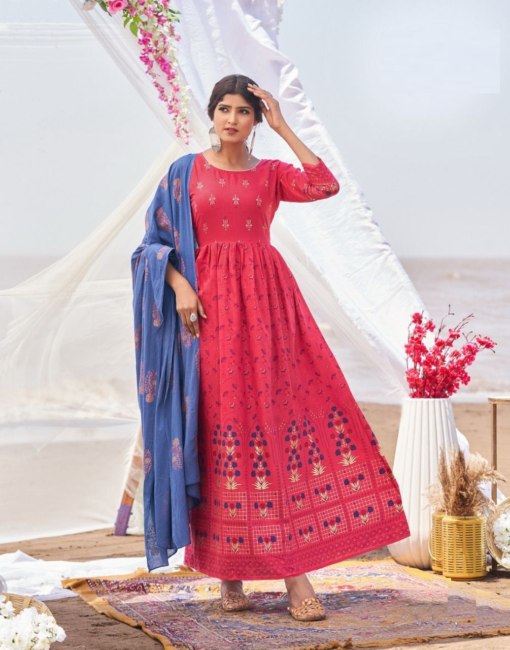 Coral Red Blue Kurti with Dupatta