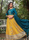 Teal Blue and Yellow Muslin Lehenga