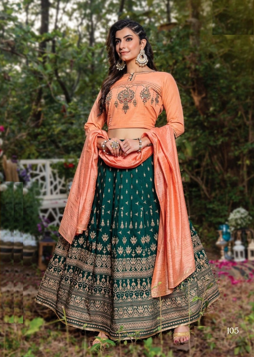 Orange and Green Muslin Lehenga – Thogai Threads