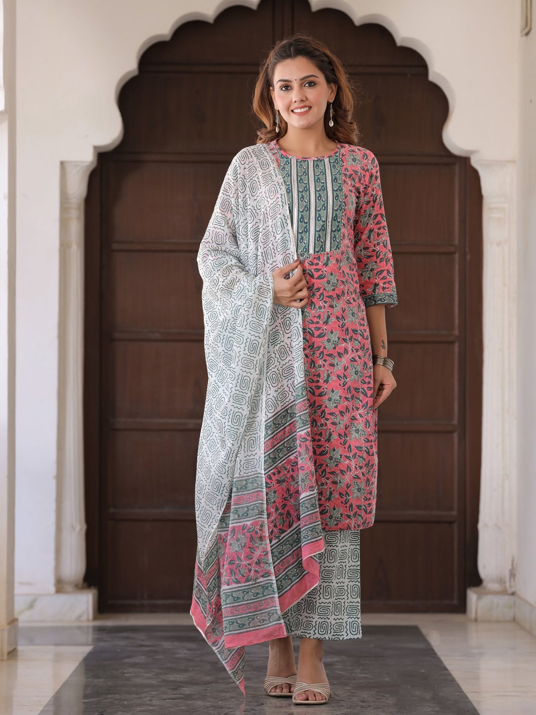 Pink and White Cotton Printed Kurti with Palazzo and Dupatta