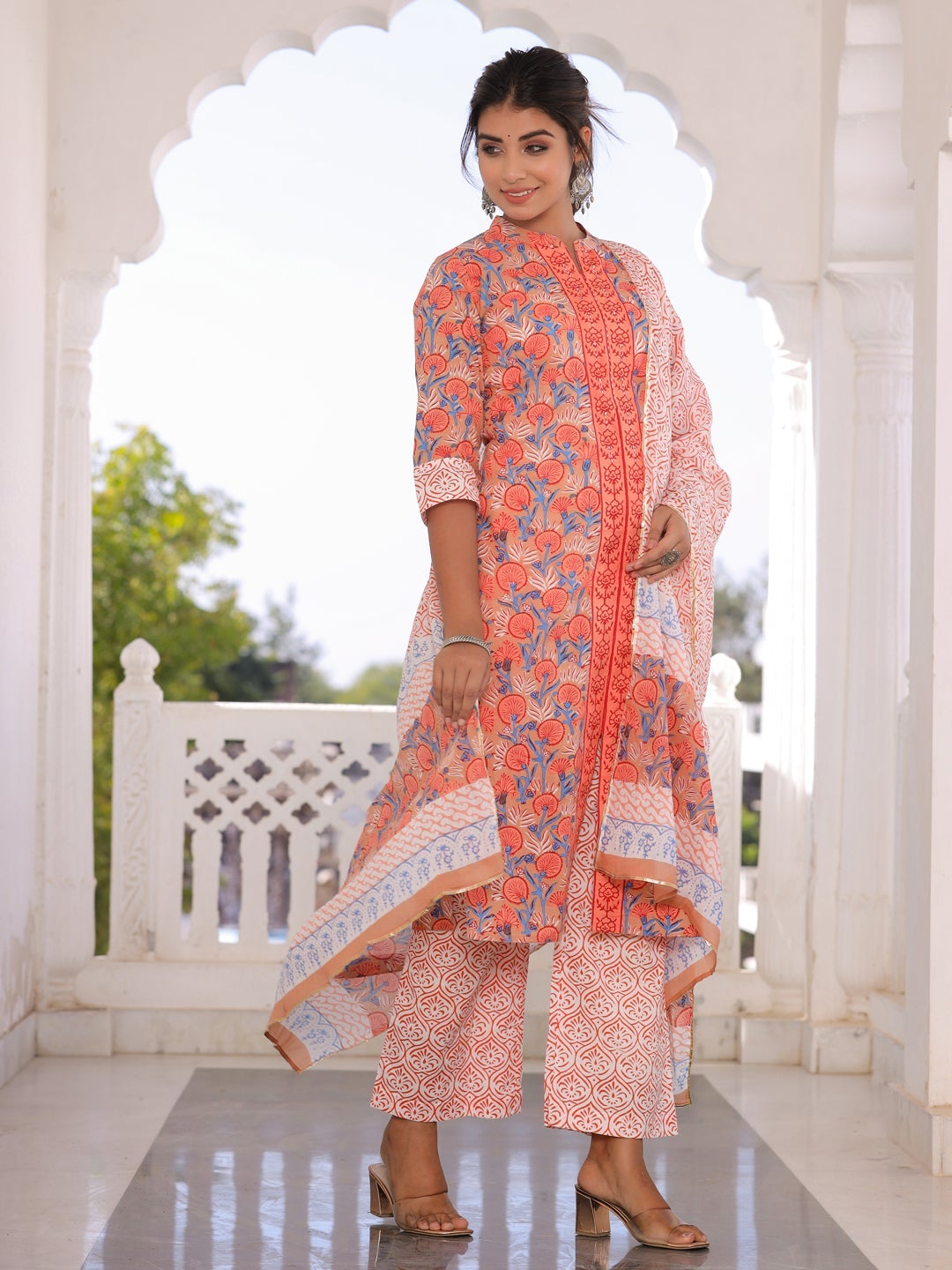 Orange and White Cotton Printed Kurti with Palazzo and Dupatta