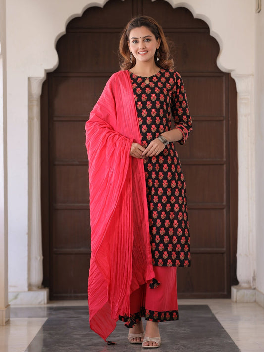 Red and Black Cotton Printed Kurti with Sharara and Dupatta