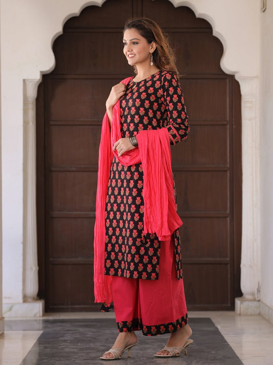 Red and Black Cotton Printed Kurti with Sharara and Dupatta