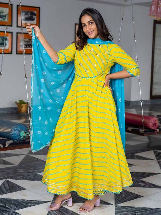 Yellow and Blue Cotton Printed Kurti with Pant and Dupatta