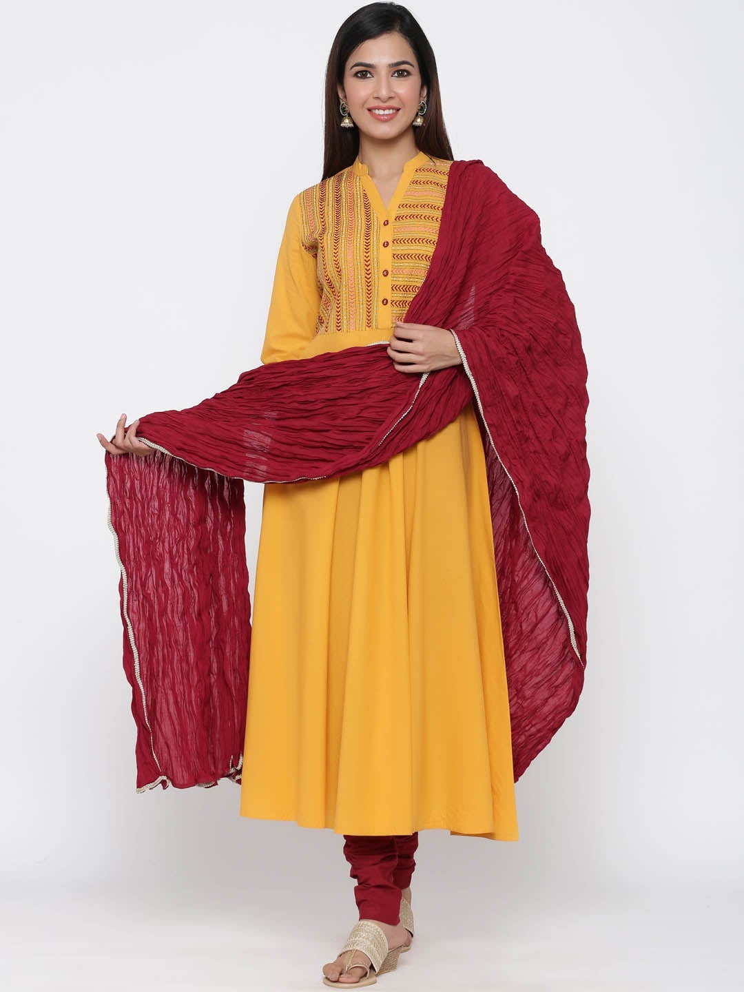 Mustard Yellow and Red Cotton Solid Kurti with Pant and Dupatta