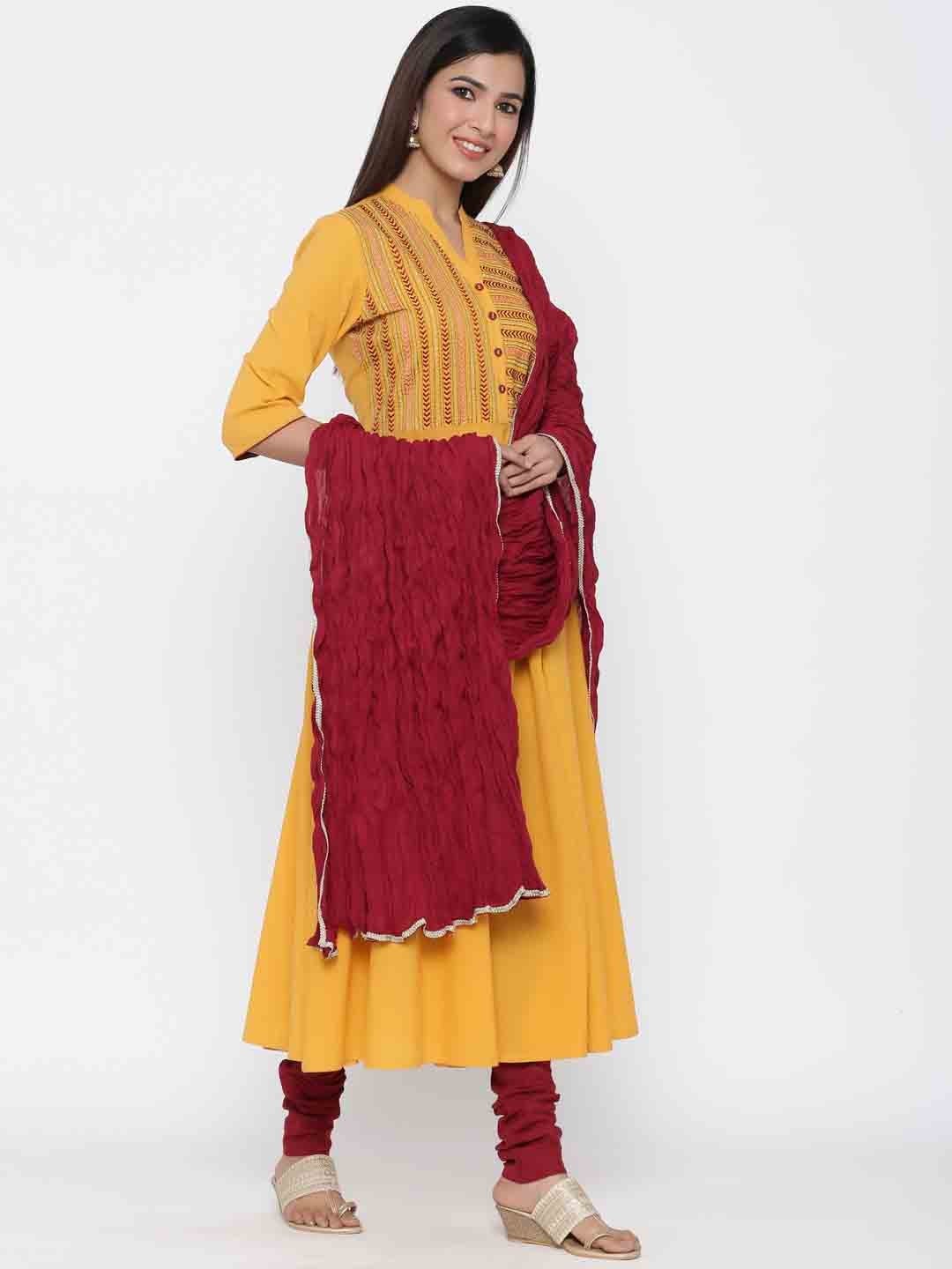Mustard Yellow and Red Cotton Solid Kurti with Pant and Dupatta