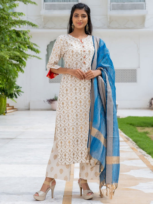 Off White and Blue Cotton Kurti with Palazzo and Dupatta