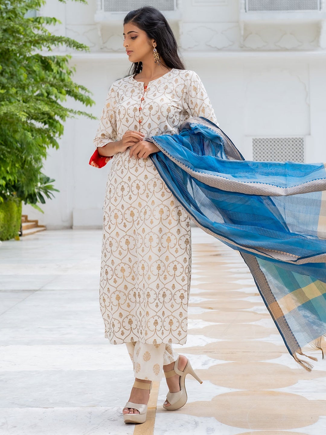 Off White and Blue Cotton Kurti with Palazzo and Dupatta