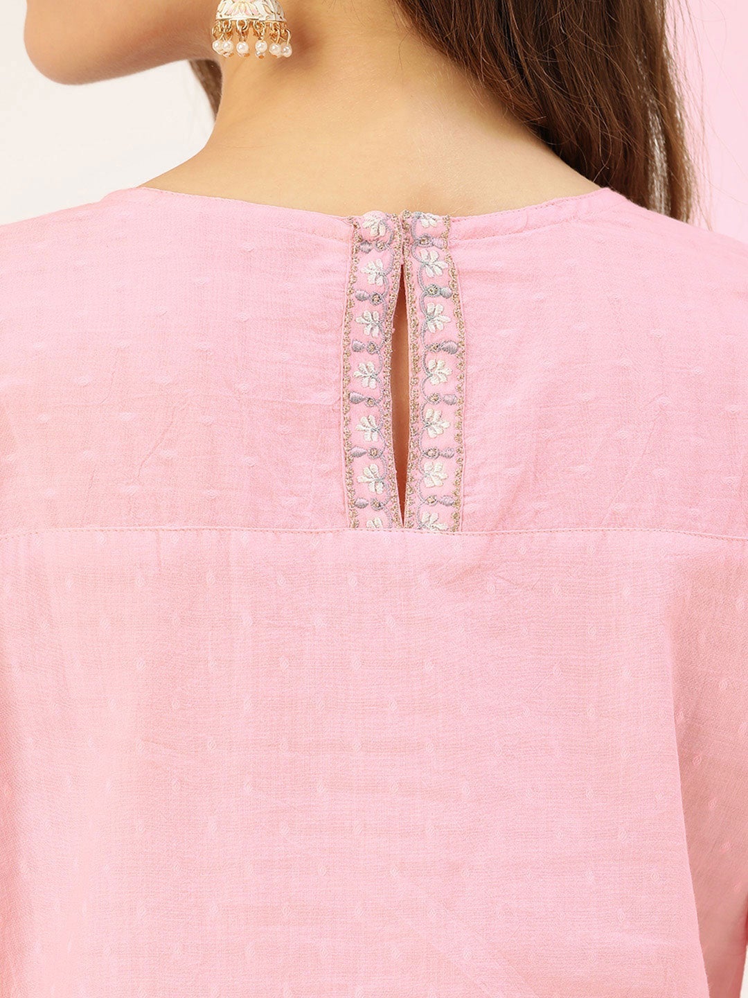 Baby Pink and Grey Cotton Kurti with Palazzo and Dupatta – Thogai Threads