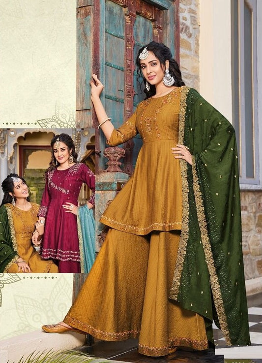 Mustard yellow and Green Viscose Kurti with Sharara and Dupatta