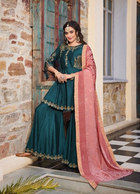 Teal Blue and Pink Viscose Kurti with Sharara and Dupatta